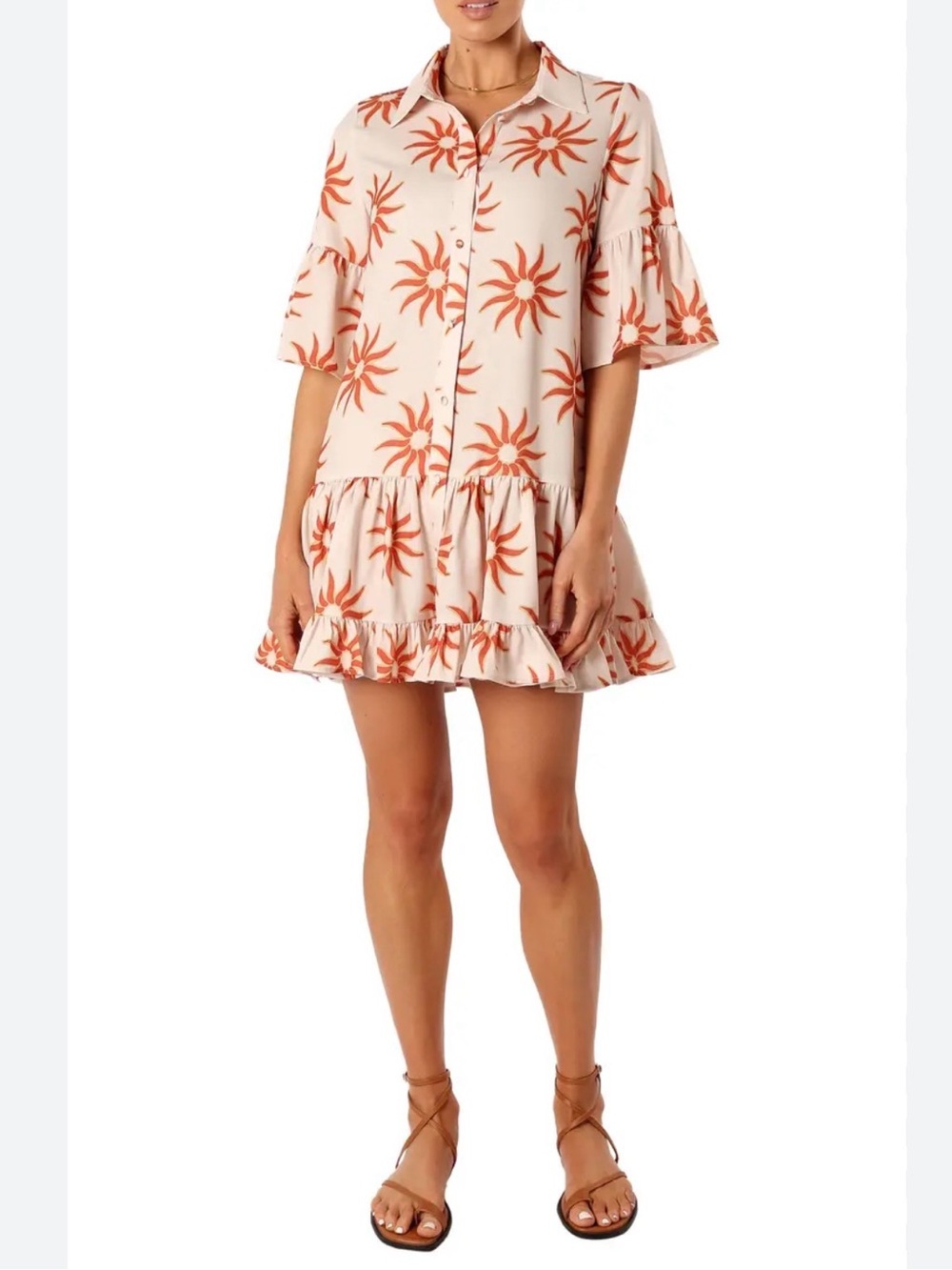 Petal & Pup Cream Shirt Dress with Orange Sun Motif
